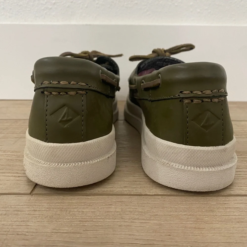 Sperry Top Sider Leather 2 Eye Raincoat Olive Green Boat Shoes